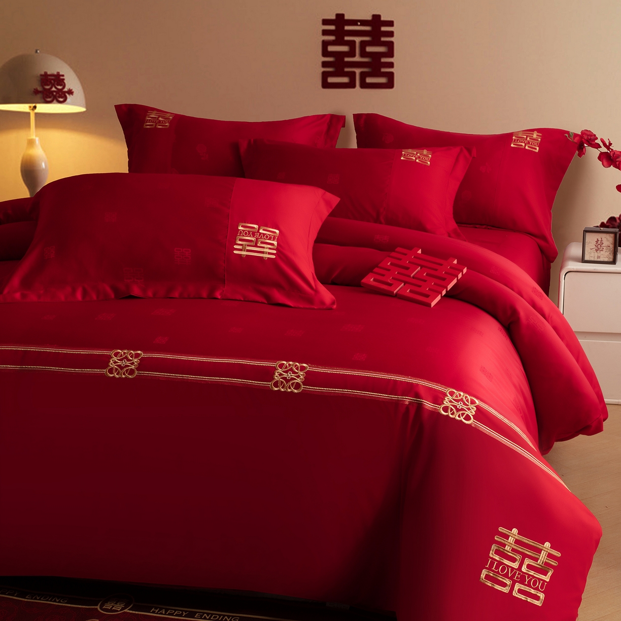 91家纺网 家纺一手货源 找家纺 金麦家纺 2025新款亲肤提花面料刺绣婚庆四件套-婚庆系列 喜悦