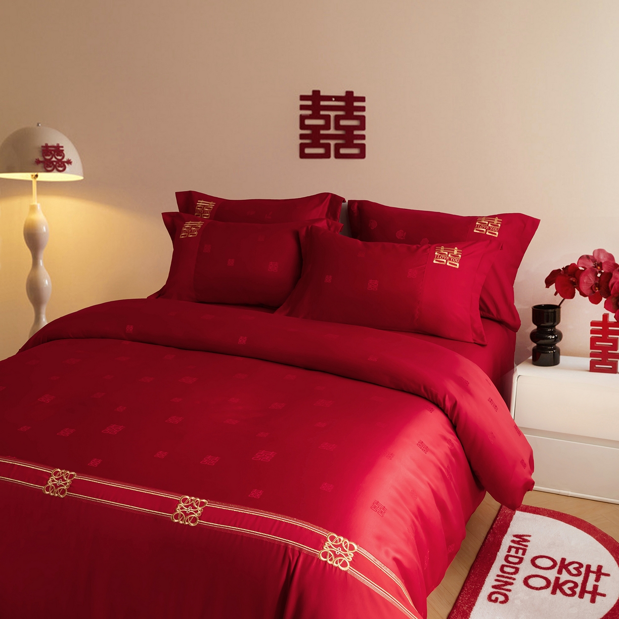 91家纺网 家纺一手货源 找家纺 金麦家纺 2025新款亲肤提花面料刺绣婚庆四件套-婚庆系列 喜悦