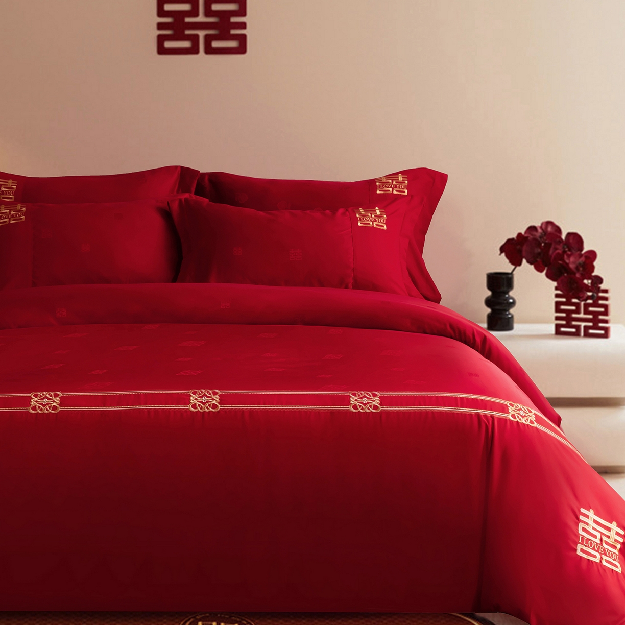 91家纺网 家纺一手货源 找家纺 金麦家纺 2025新款亲肤提花面料刺绣婚庆四件套-婚庆系列 喜悦