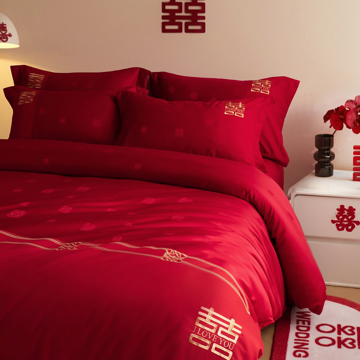 91家纺网 家纺一手货源 找家纺 金麦家纺 2025新款亲肤提花面料刺绣婚庆四件套-婚庆系列 喜悦