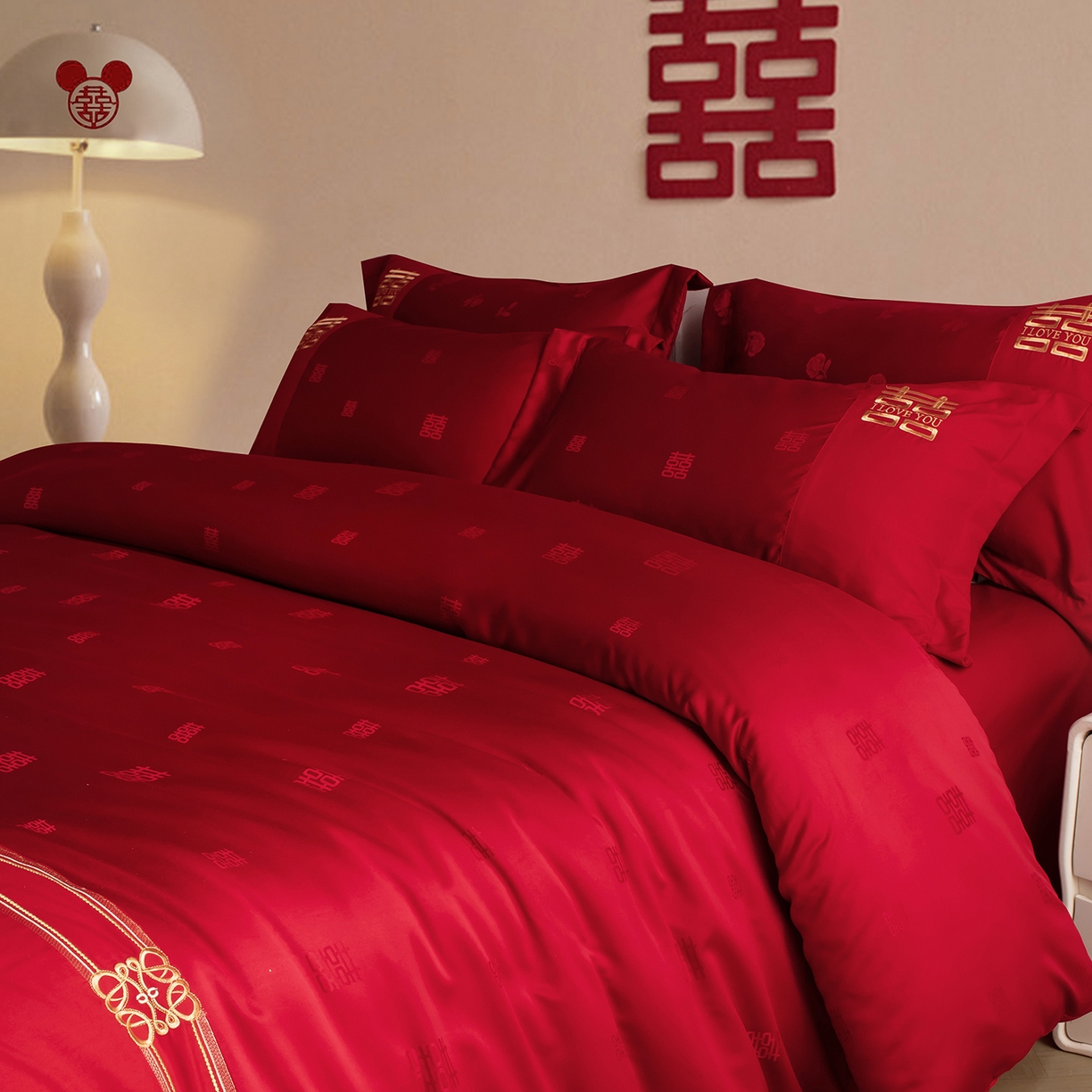 91家纺网 家纺一手货源 找家纺 金麦家纺 2025新款亲肤提花面料刺绣婚庆四件套-婚庆系列 喜悦