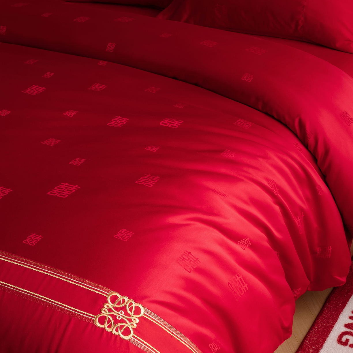 91家纺网 家纺一手货源 找家纺 金麦家纺 2025新款亲肤提花面料刺绣婚庆四件套-婚庆系列 喜悦