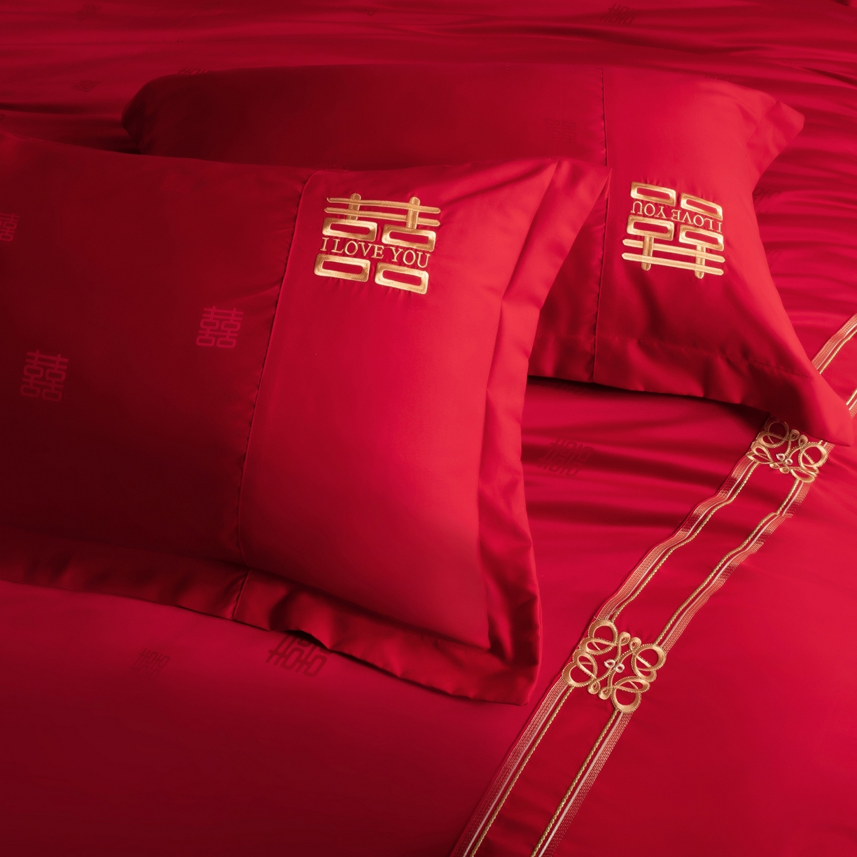 91家纺网 家纺一手货源 找家纺 金麦家纺 2025新款亲肤提花面料刺绣婚庆四件套-婚庆系列 喜悦