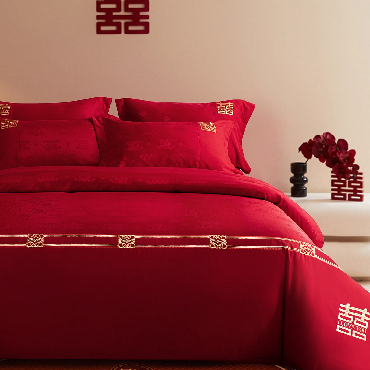 91家纺网 家纺一手货源 找家纺 金麦家纺 2025新款亲肤提花面料刺绣婚庆四件套-婚庆系列 永恒