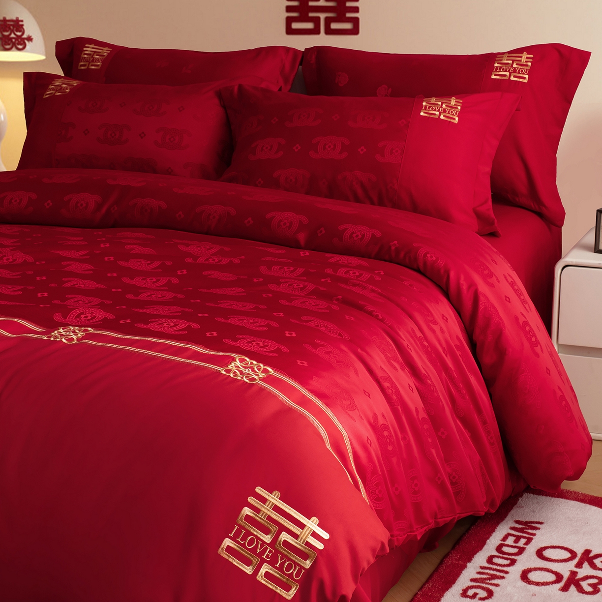 91家纺网 家纺一手货源 找家纺 金麦家纺 2025新款亲肤提花面料刺绣婚庆四件套-婚庆系列 永恒