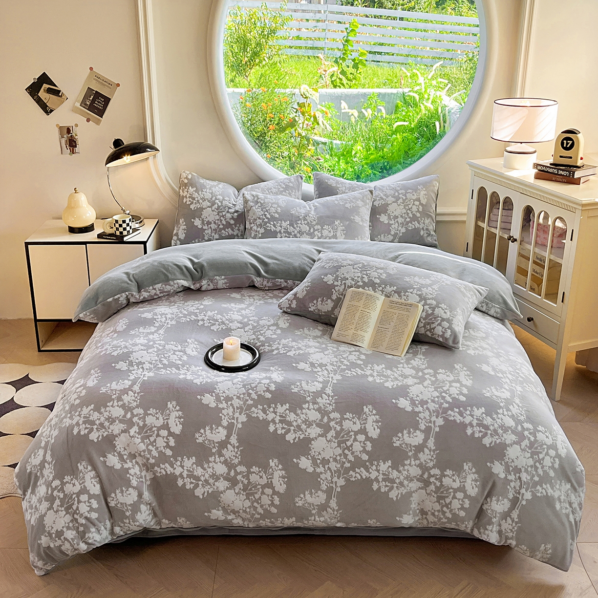 91家纺网 家纺一手货源 找家纺 大境 2025秋冬新款A类230克牛奶绒雕花烂花绒宝宝绒床笠款床单款四件套 叶之恋