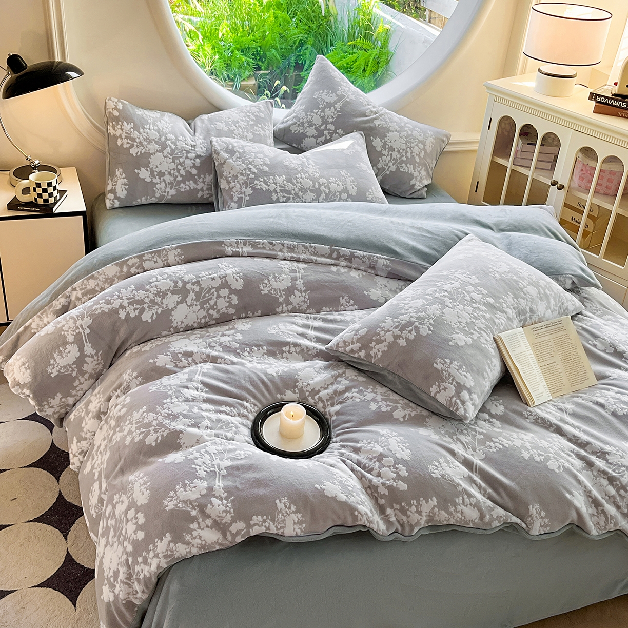 91家纺网 家纺一手货源 找家纺 大境 2025秋冬新款A类230克牛奶绒雕花烂花绒宝宝绒床笠款床单款四件套 叶之恋