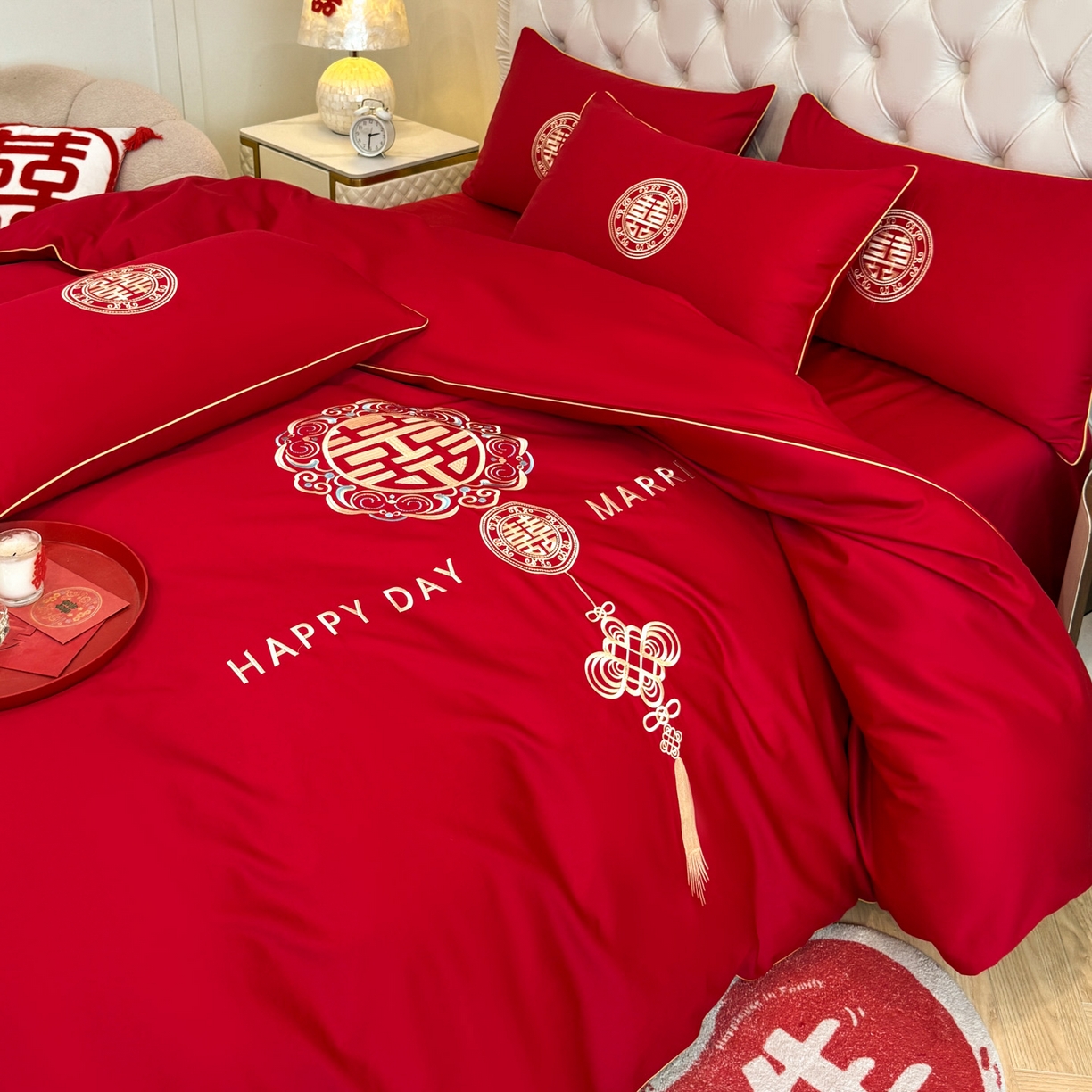 91家纺网 家纺一手货源 找家纺 （总）金麦家纺 2025新款亲肤磨毛刺绣婚庆四件套