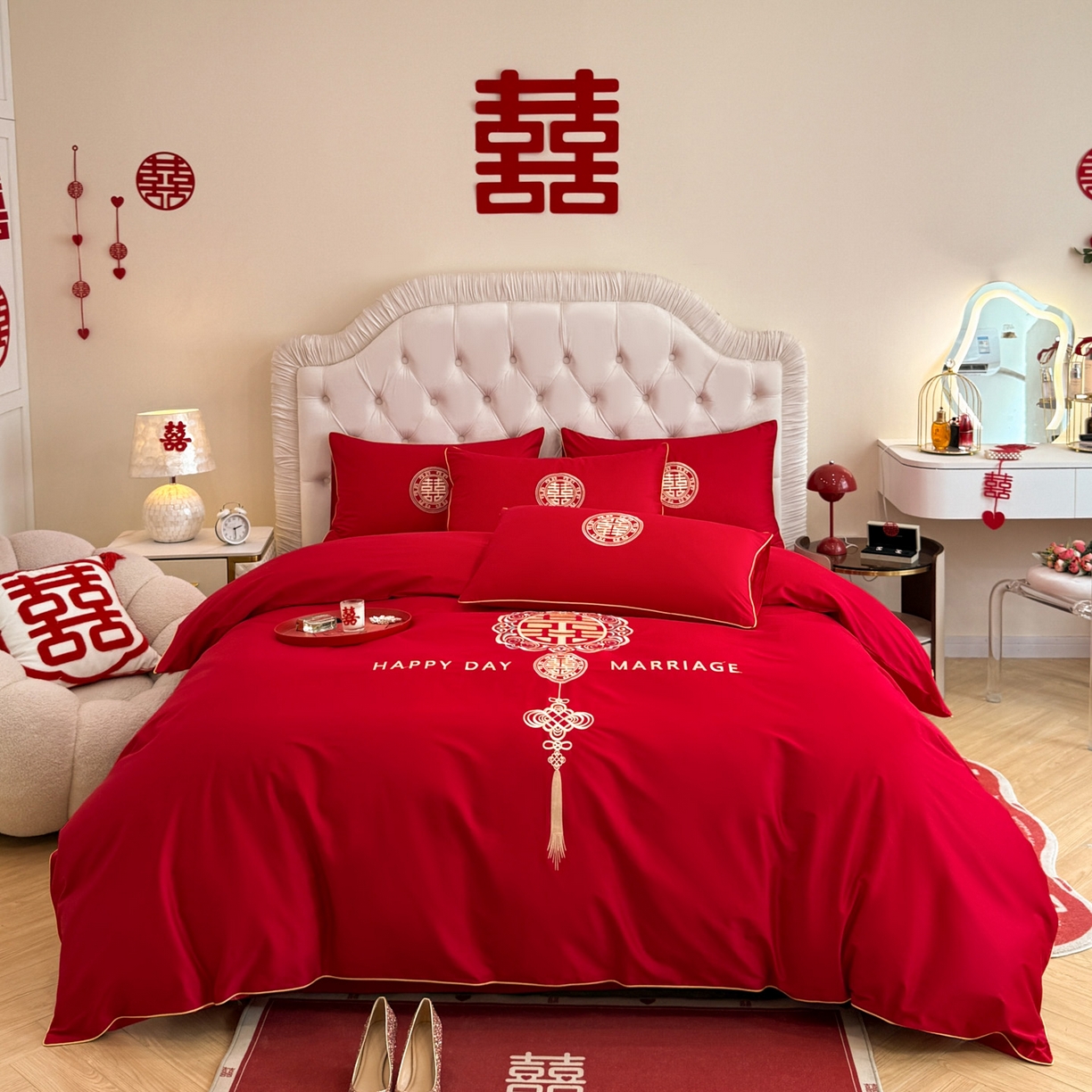 金麦家纺 2025新款亲肤磨毛刺绣婚庆四件套 大喜