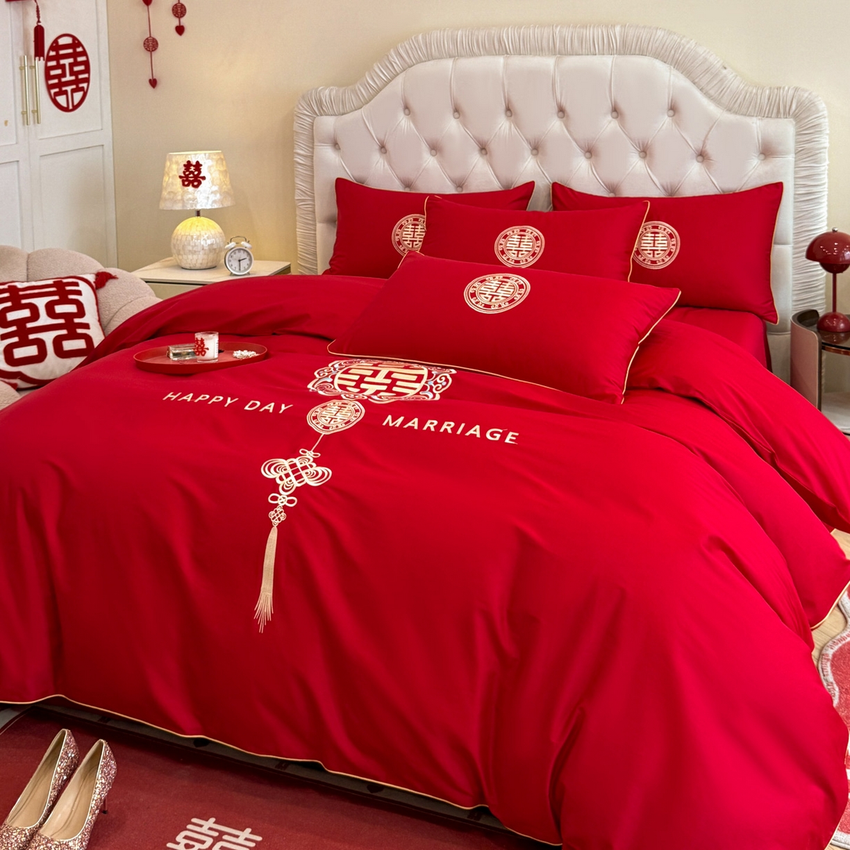 91家纺网 家纺一手货源 找家纺 金麦家纺 2025新款亲肤磨毛刺绣婚庆四件套 大喜