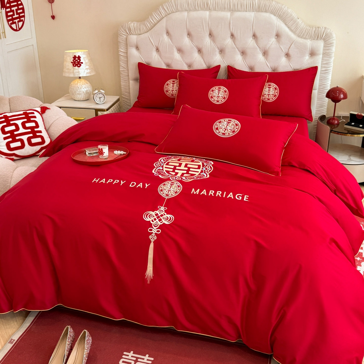 91家纺网 家纺一手货源 找家纺 金麦家纺 2025新款亲肤磨毛刺绣婚庆四件套 大喜