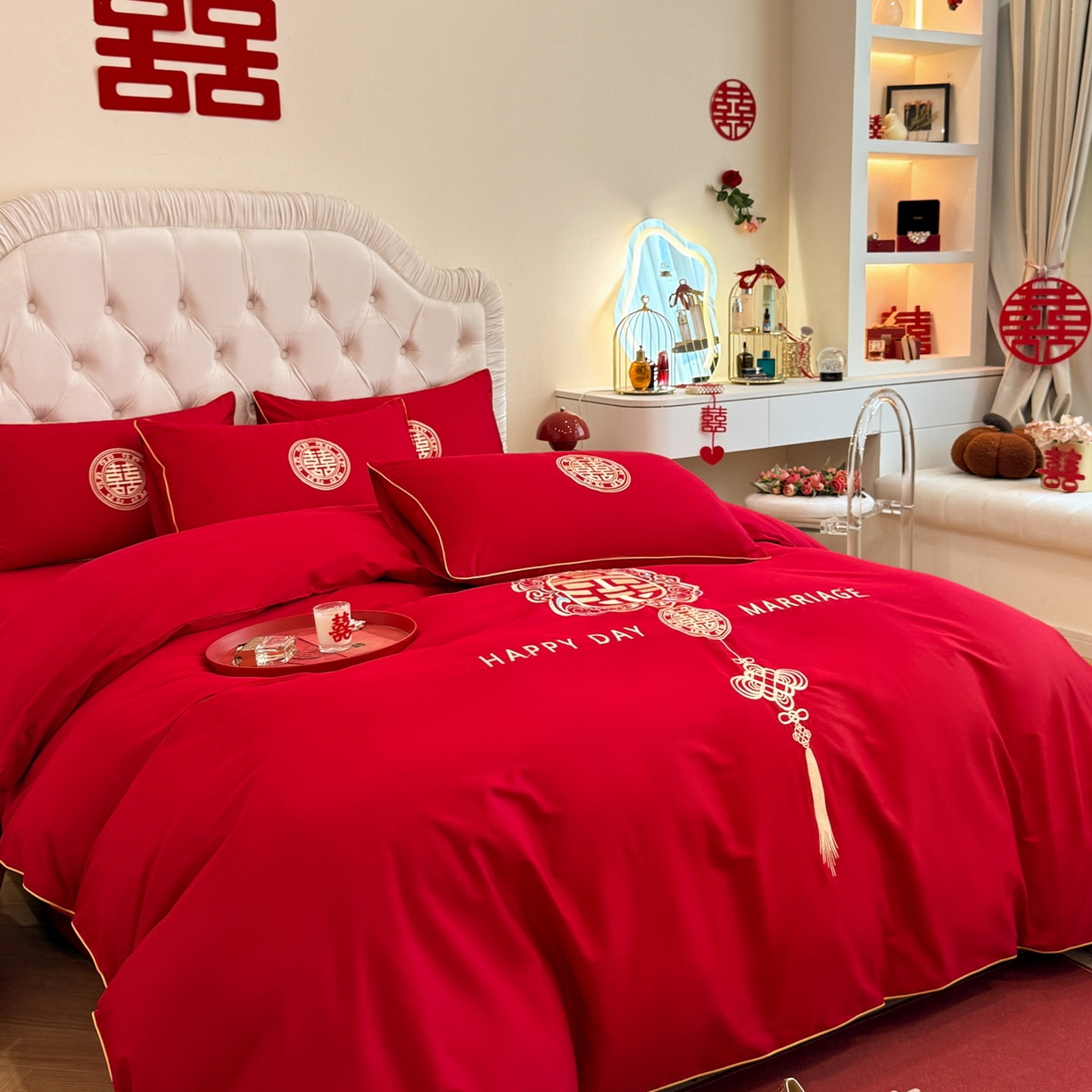 91家纺网 家纺一手货源 找家纺 金麦家纺 2025新款亲肤磨毛刺绣婚庆四件套 大喜