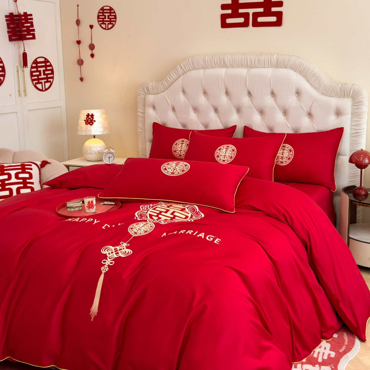 91家纺网 家纺一手货源 找家纺 金麦家纺 2025新款亲肤磨毛刺绣婚庆四件套 大喜