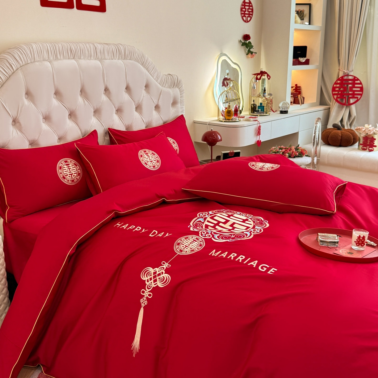 91家纺网 家纺一手货源 找家纺 金麦家纺 2025新款亲肤磨毛刺绣婚庆四件套 大喜