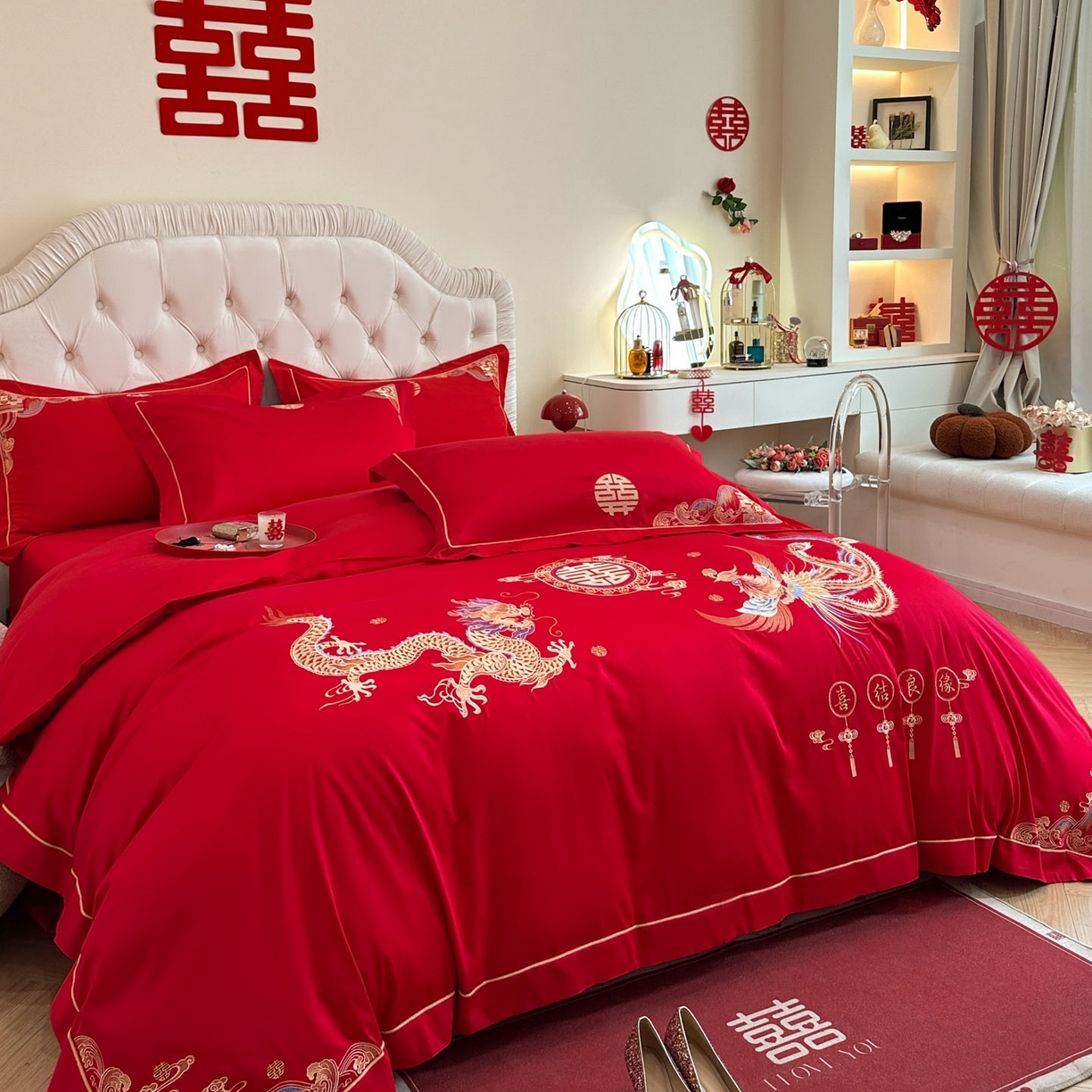 91家纺网 家纺一手货源 找家纺 金麦家纺 2025新款亲肤磨毛刺绣婚庆四件套 喜结良缘