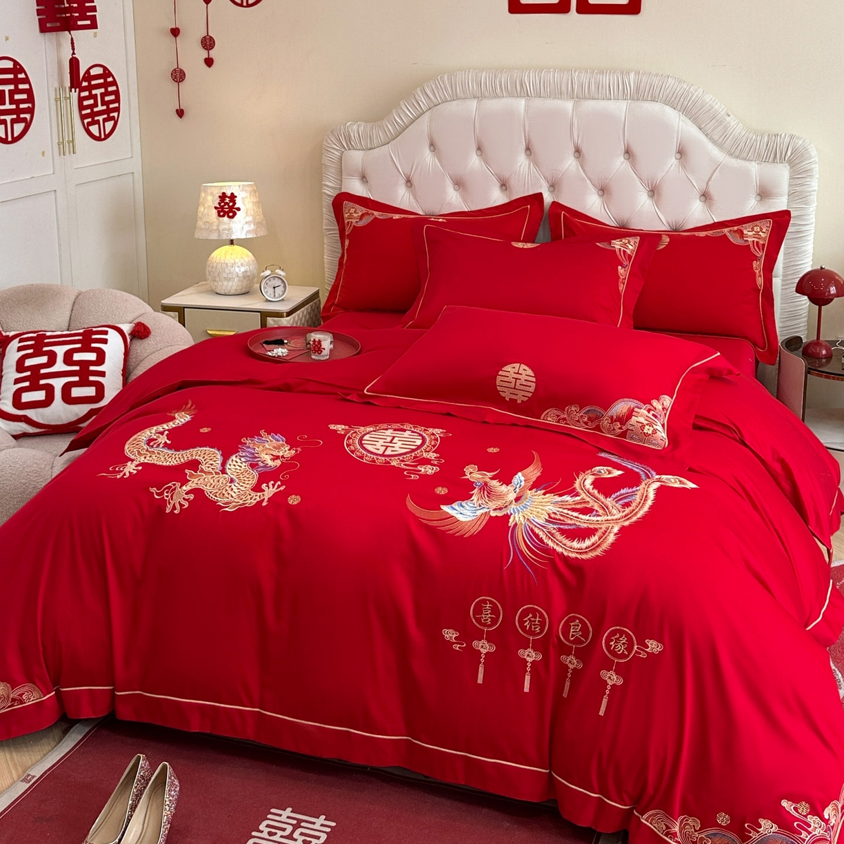 91家纺网 家纺一手货源 找家纺 金麦家纺 2025新款亲肤磨毛刺绣婚庆四件套 喜结良缘