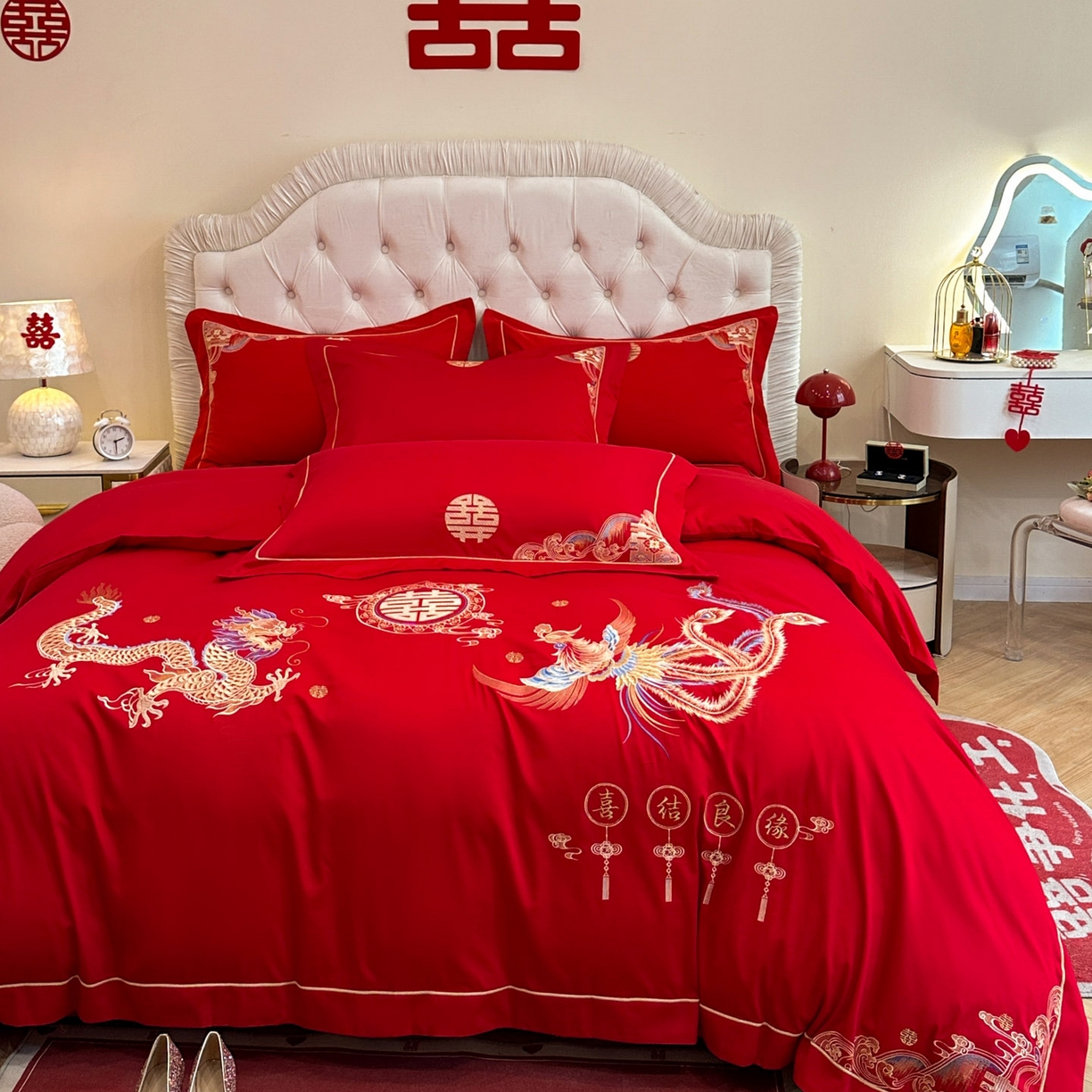 91家纺网 家纺一手货源 找家纺 金麦家纺 2025新款亲肤磨毛刺绣婚庆四件套 喜结良缘