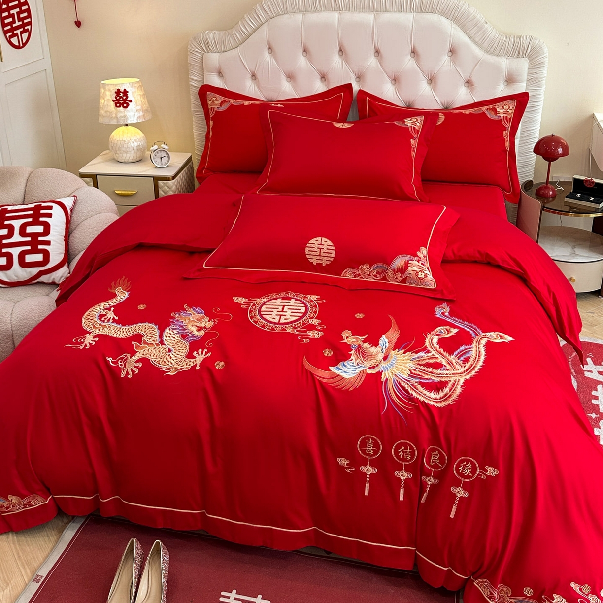 91家纺网 家纺一手货源 找家纺 金麦家纺 2025新款亲肤磨毛刺绣婚庆四件套 喜结良缘