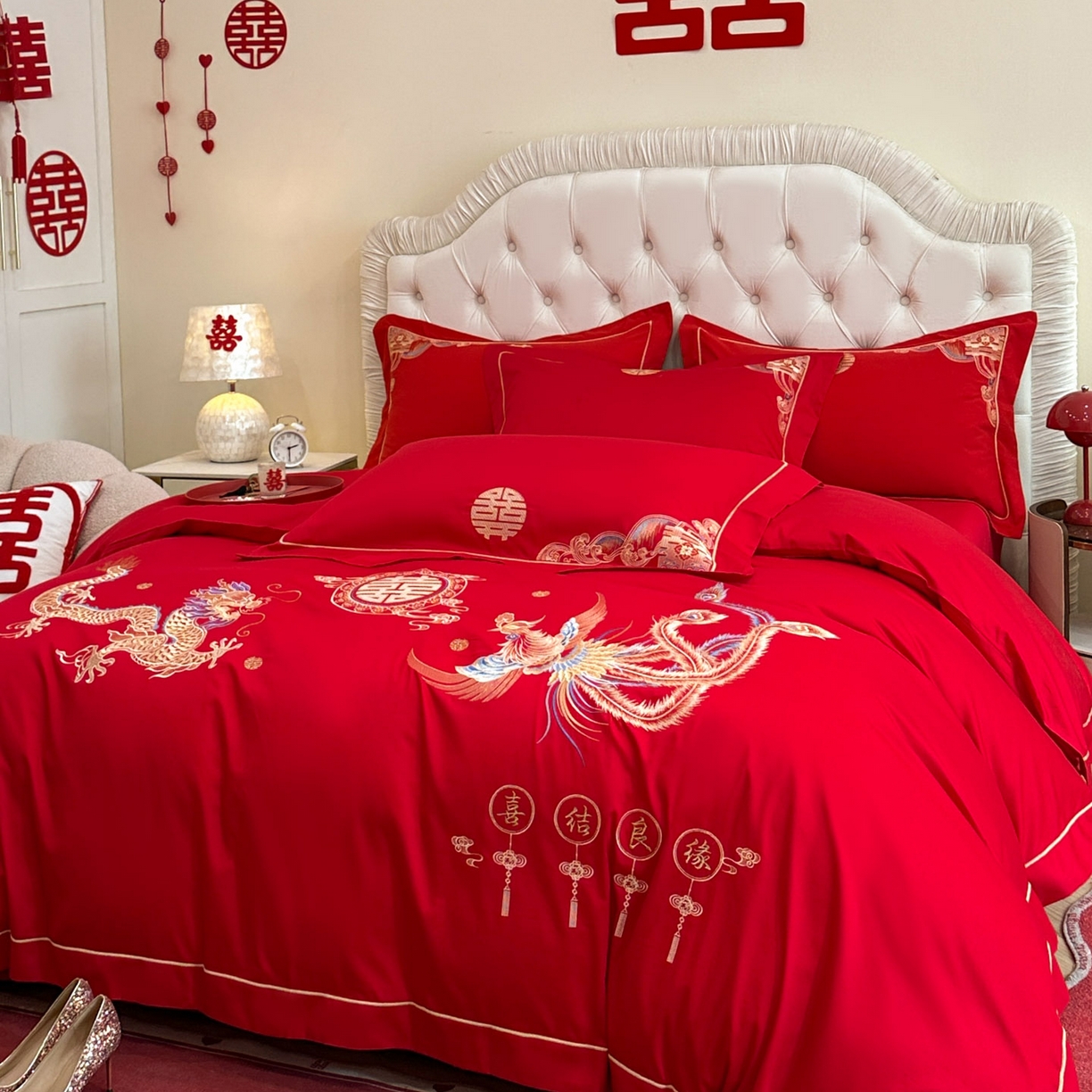 91家纺网 家纺一手货源 找家纺 金麦家纺 2025新款亲肤磨毛刺绣婚庆四件套 喜结良缘