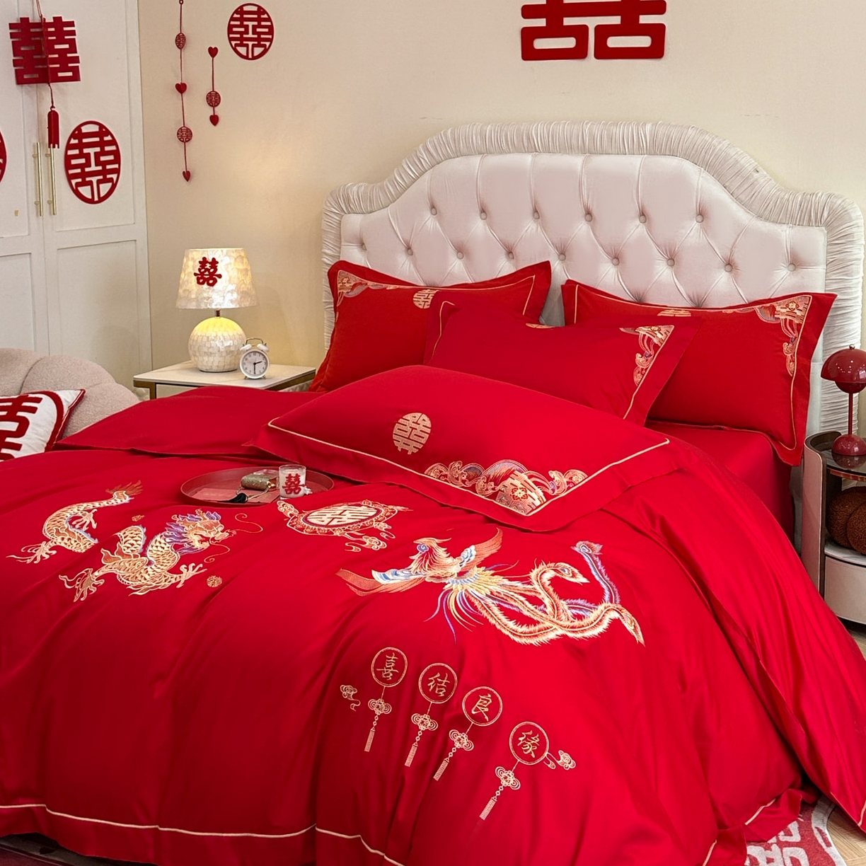 91家纺网 家纺一手货源 找家纺 金麦家纺 2025新款亲肤磨毛刺绣婚庆四件套 喜结良缘