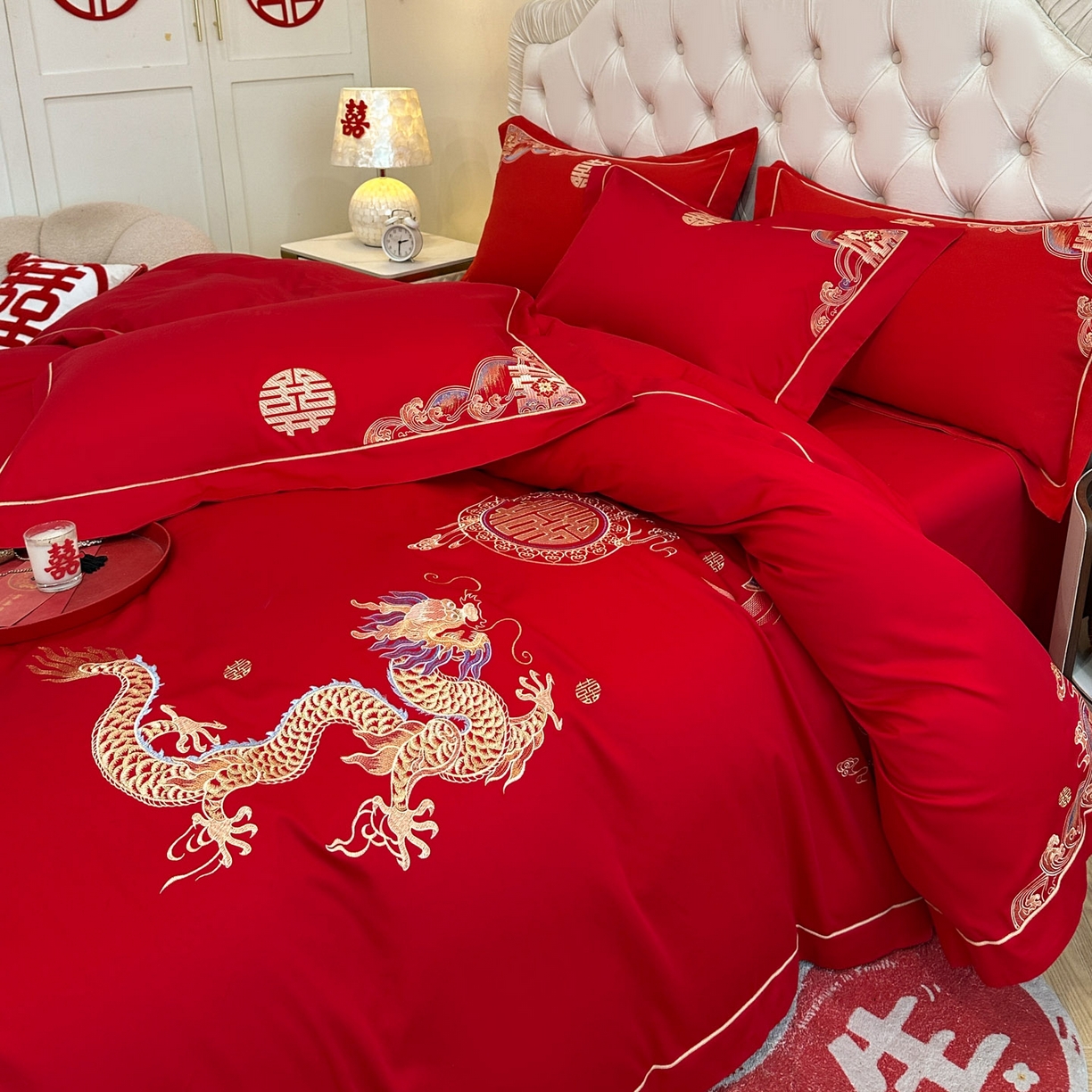 91家纺网 家纺一手货源 找家纺 金麦家纺 2025新款亲肤磨毛刺绣婚庆四件套 喜结良缘