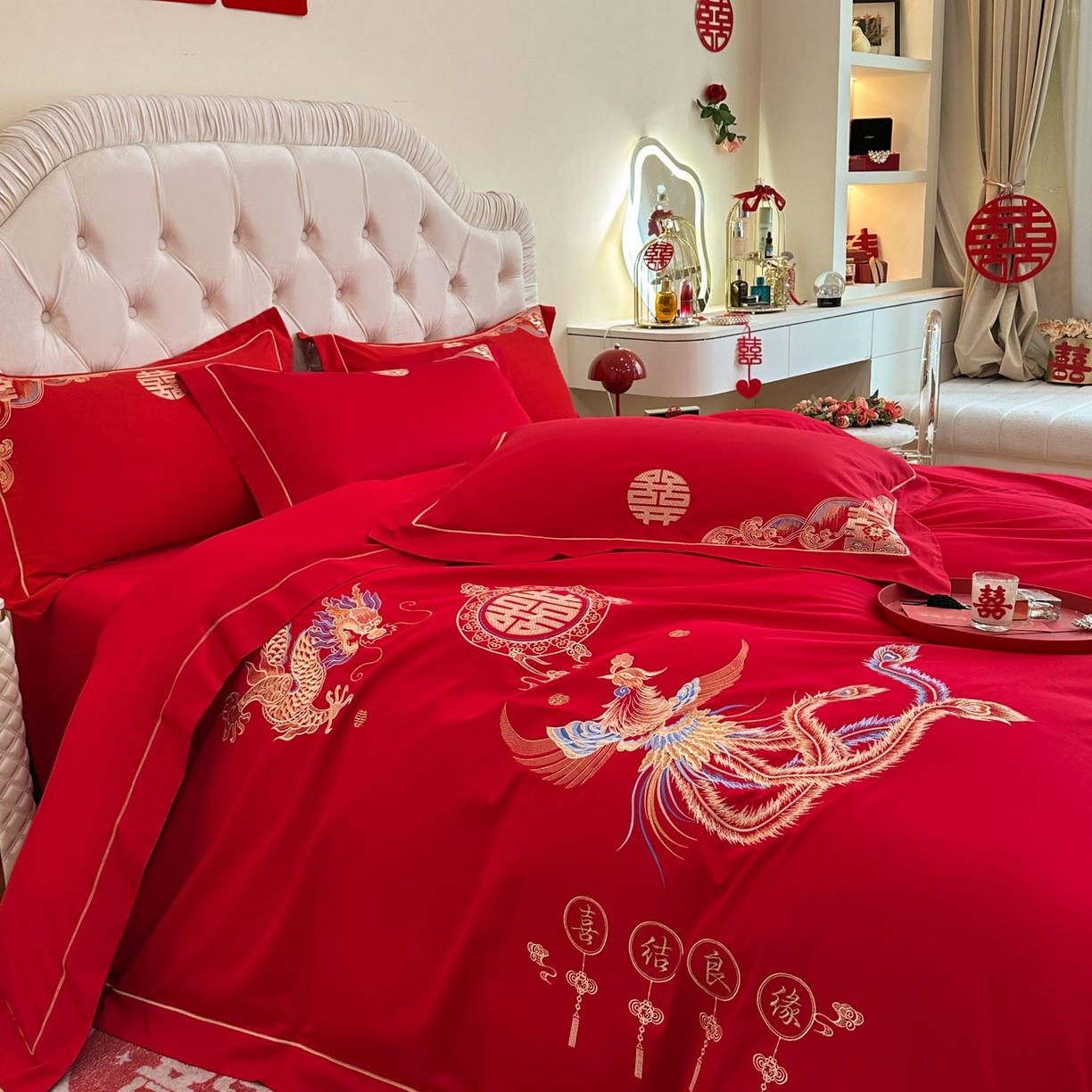 91家纺网 家纺一手货源 找家纺 金麦家纺 2025新款亲肤磨毛刺绣婚庆四件套 喜结良缘