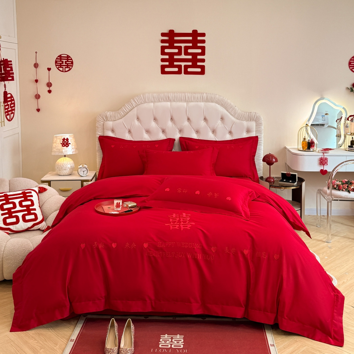 金麦家纺 2025新款亲肤磨毛刺绣婚庆四件套 喜愿