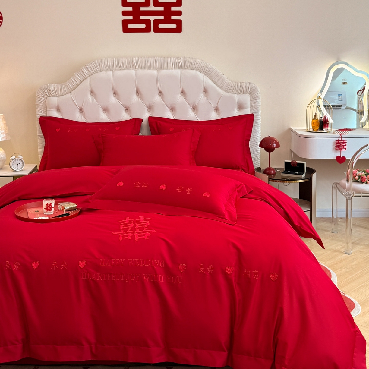 91家纺网 家纺一手货源 找家纺 金麦家纺 2025新款亲肤磨毛刺绣婚庆四件套 喜愿