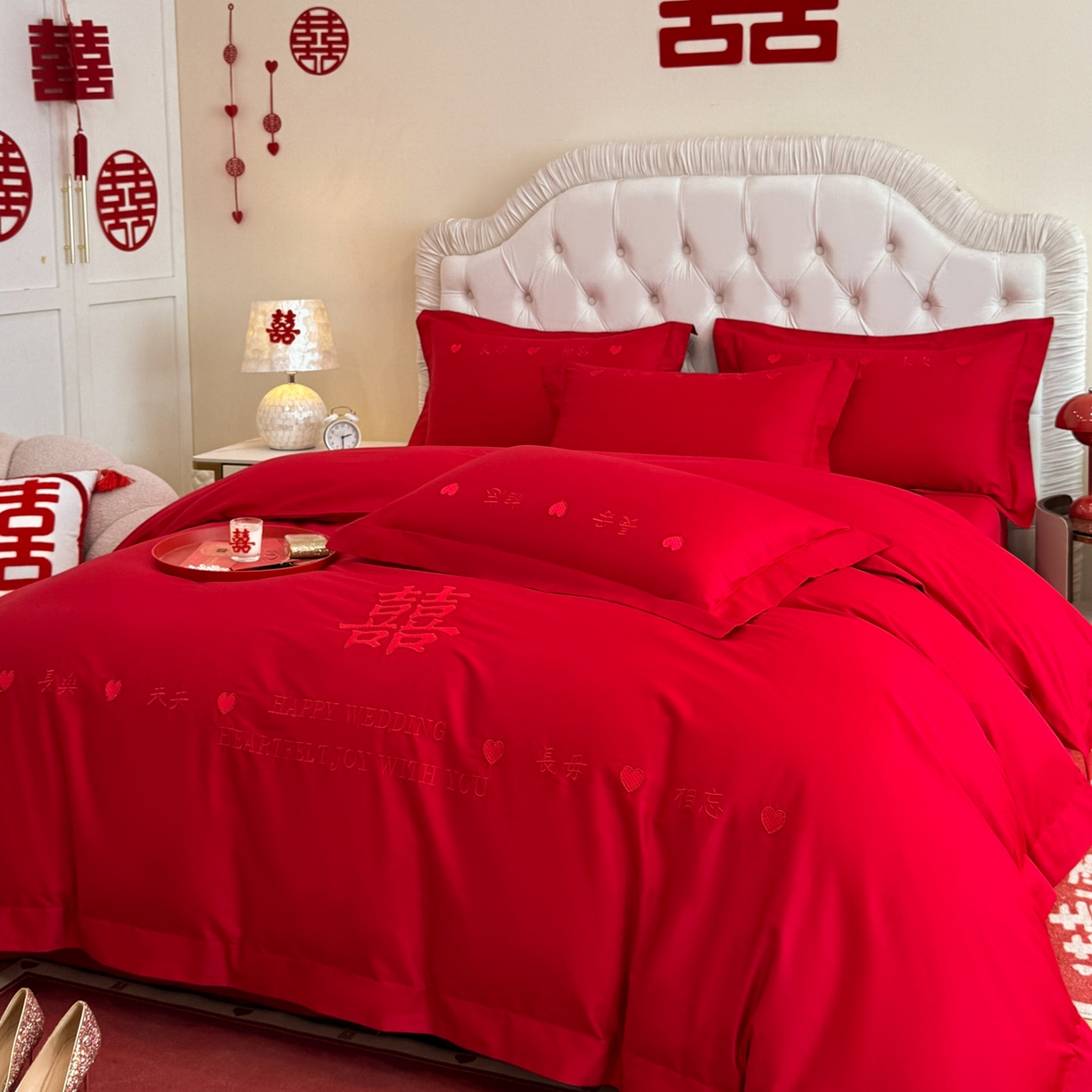 91家纺网 家纺一手货源 找家纺 金麦家纺 2025新款亲肤磨毛刺绣婚庆四件套 喜愿