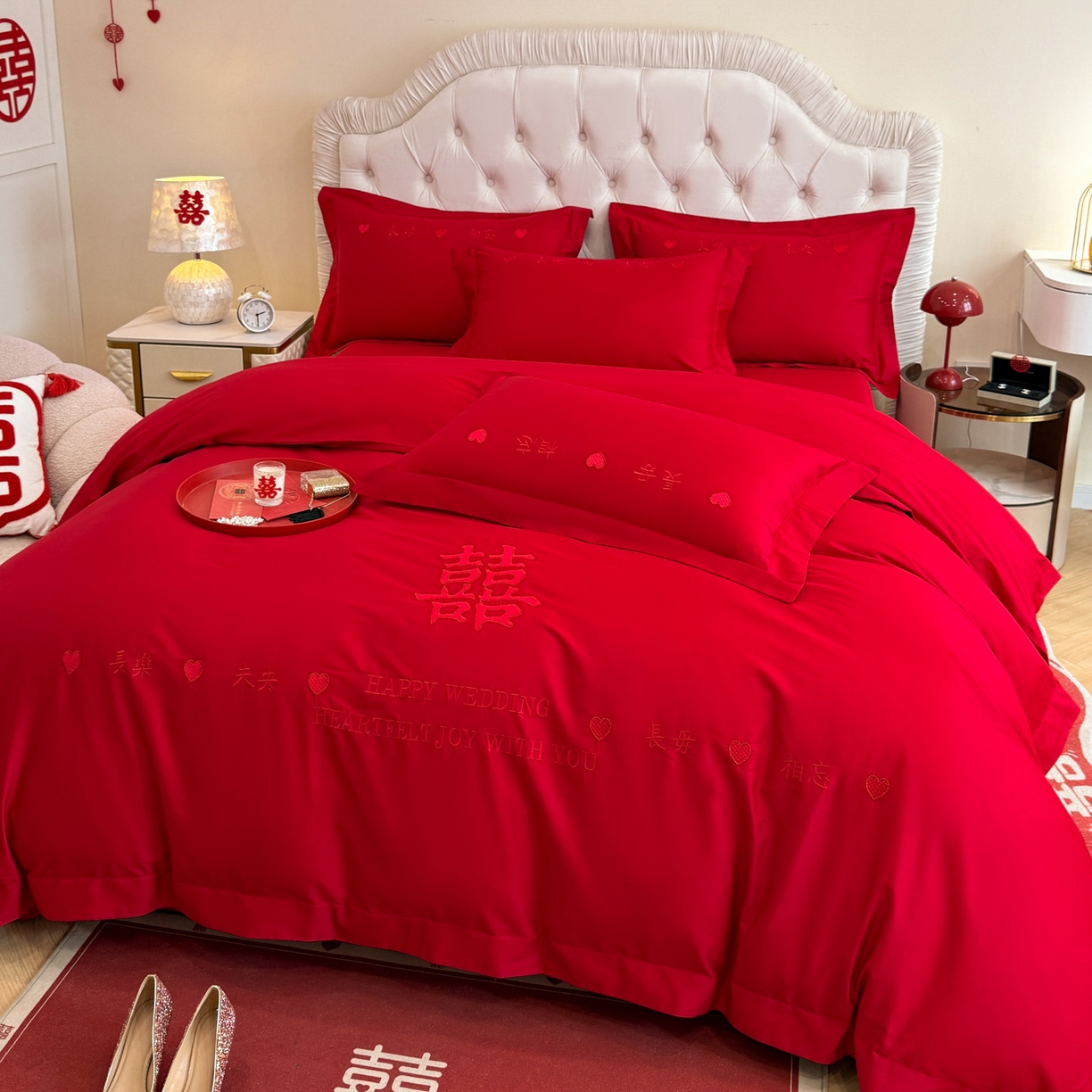 91家纺网 家纺一手货源 找家纺 金麦家纺 2025新款亲肤磨毛刺绣婚庆四件套 喜愿