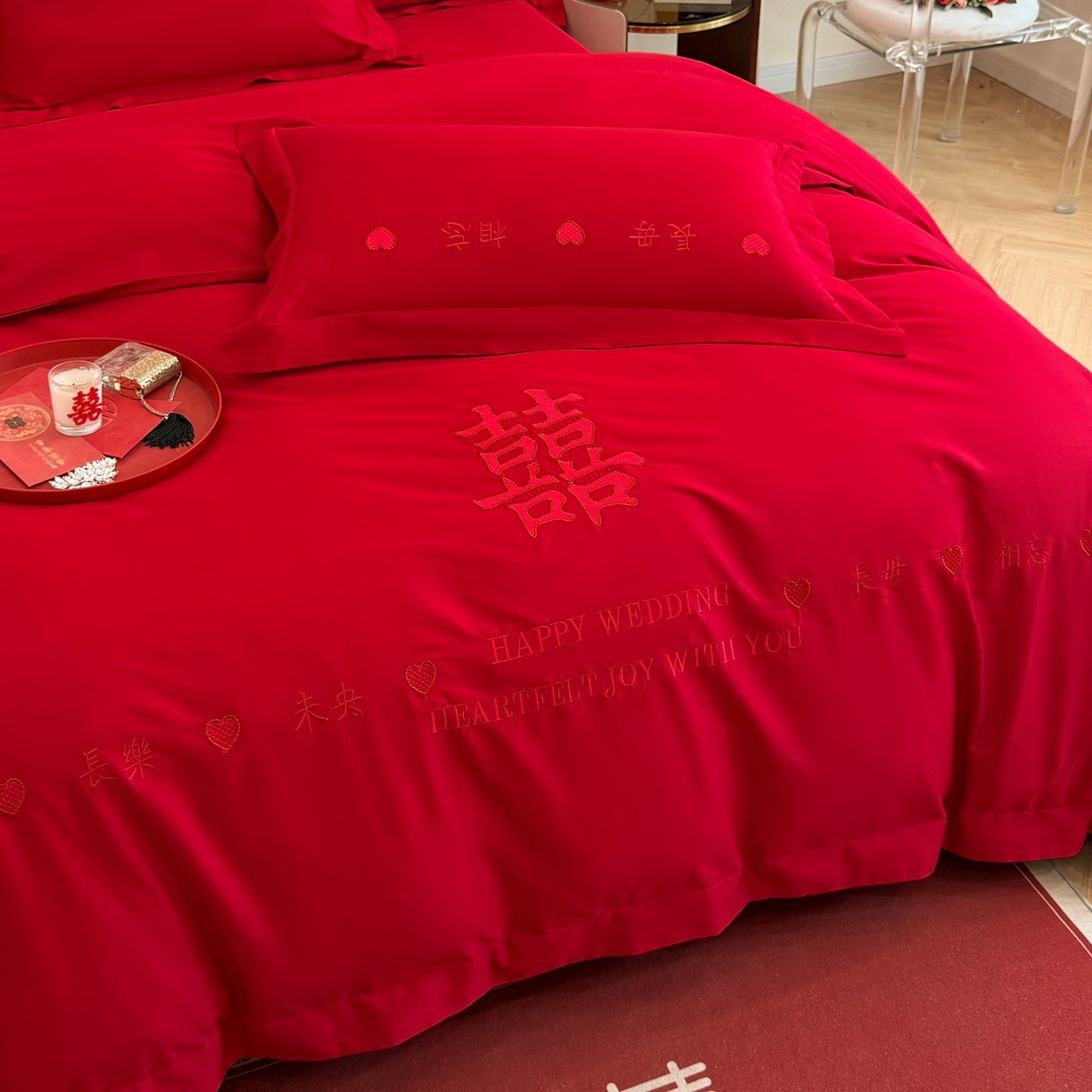 91家纺网 家纺一手货源 找家纺 金麦家纺 2025新款亲肤磨毛刺绣婚庆四件套 喜愿