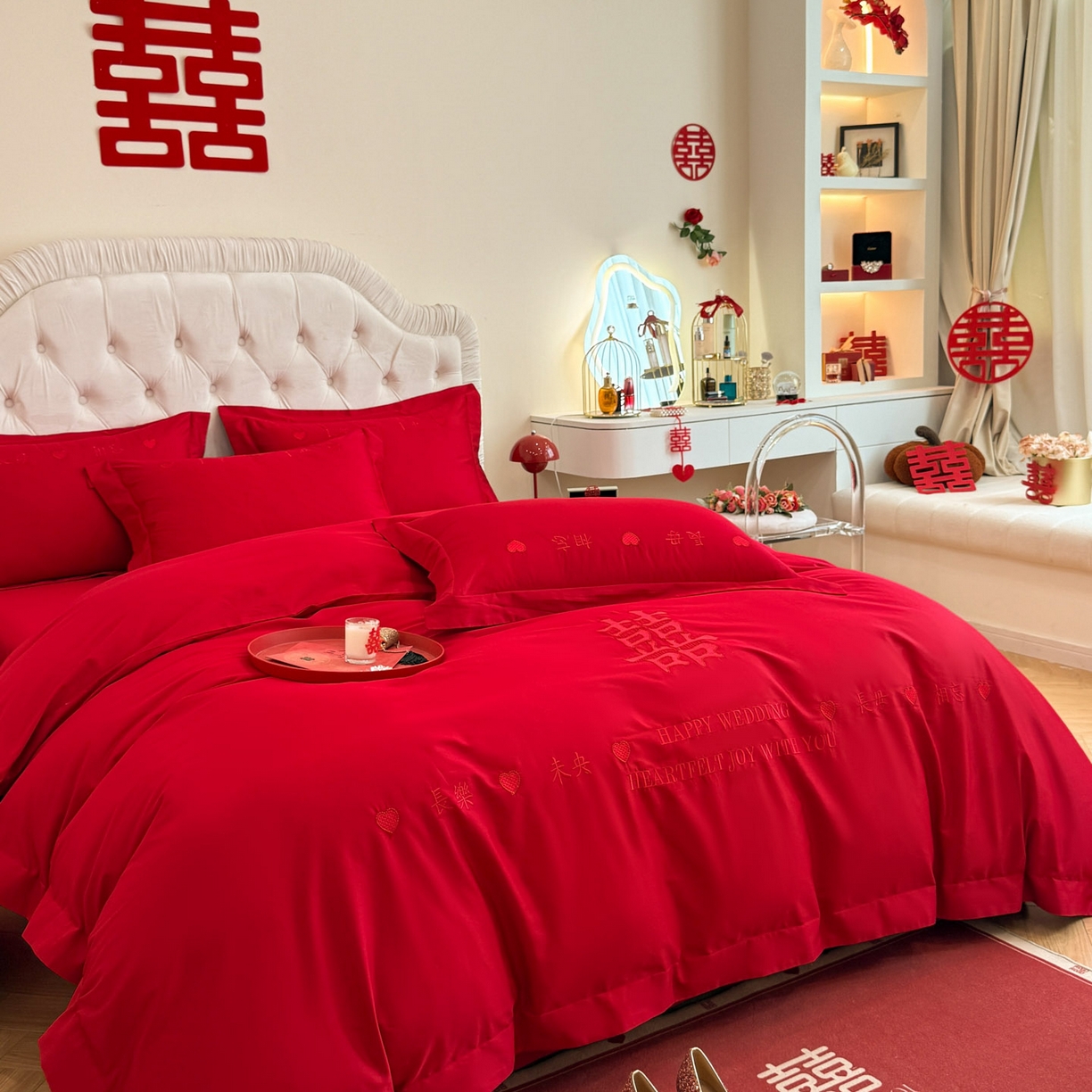 91家纺网 家纺一手货源 找家纺 金麦家纺 2025新款亲肤磨毛刺绣婚庆四件套 喜愿