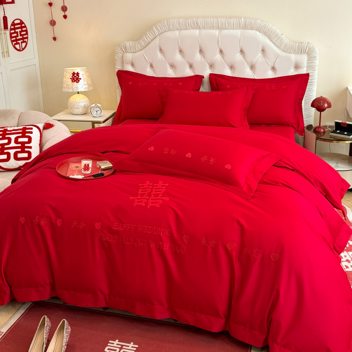 91家纺网 家纺一手货源 找家纺 金麦家纺 2025新款亲肤磨毛刺绣婚庆四件套 喜愿