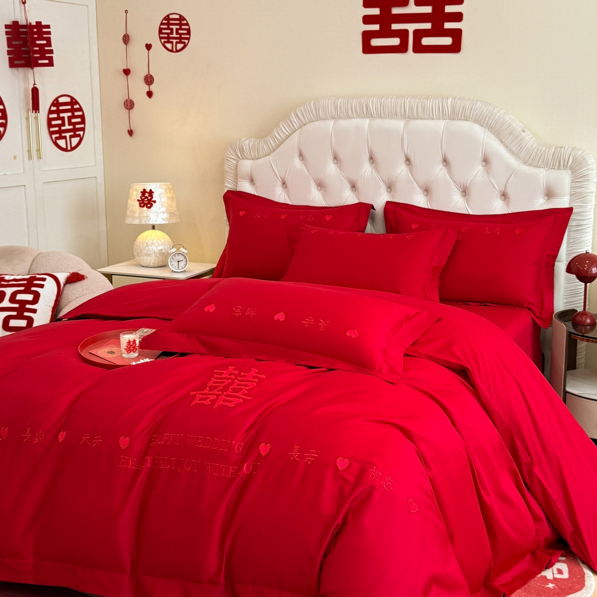 91家纺网 家纺一手货源 找家纺 金麦家纺 2025新款亲肤磨毛刺绣婚庆四件套 喜愿