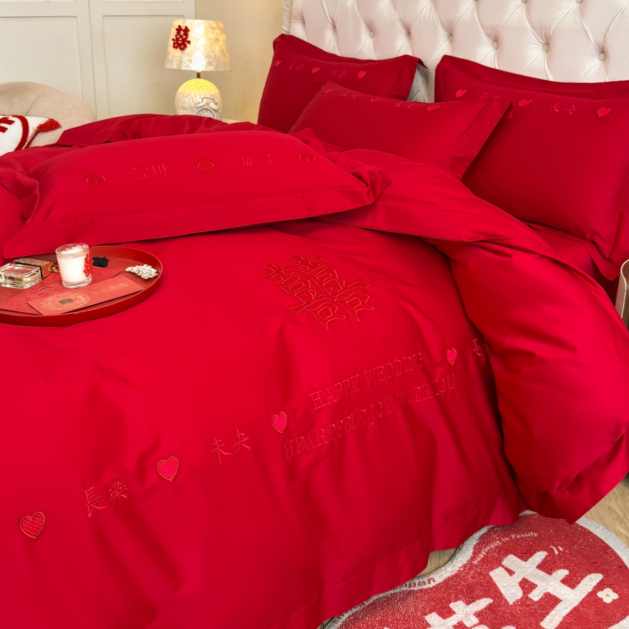 91家纺网 家纺一手货源 找家纺 金麦家纺 2025新款亲肤磨毛刺绣婚庆四件套 喜愿