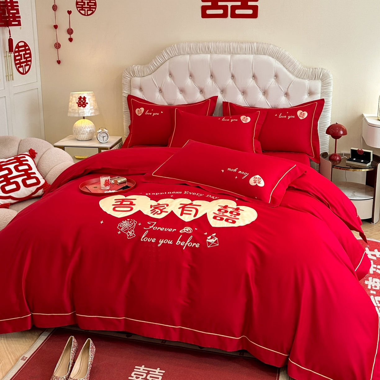 91家纺网 家纺一手货源 找家纺 金麦家纺 2025新款亲肤磨毛刺绣婚庆四件套 吾家有喜