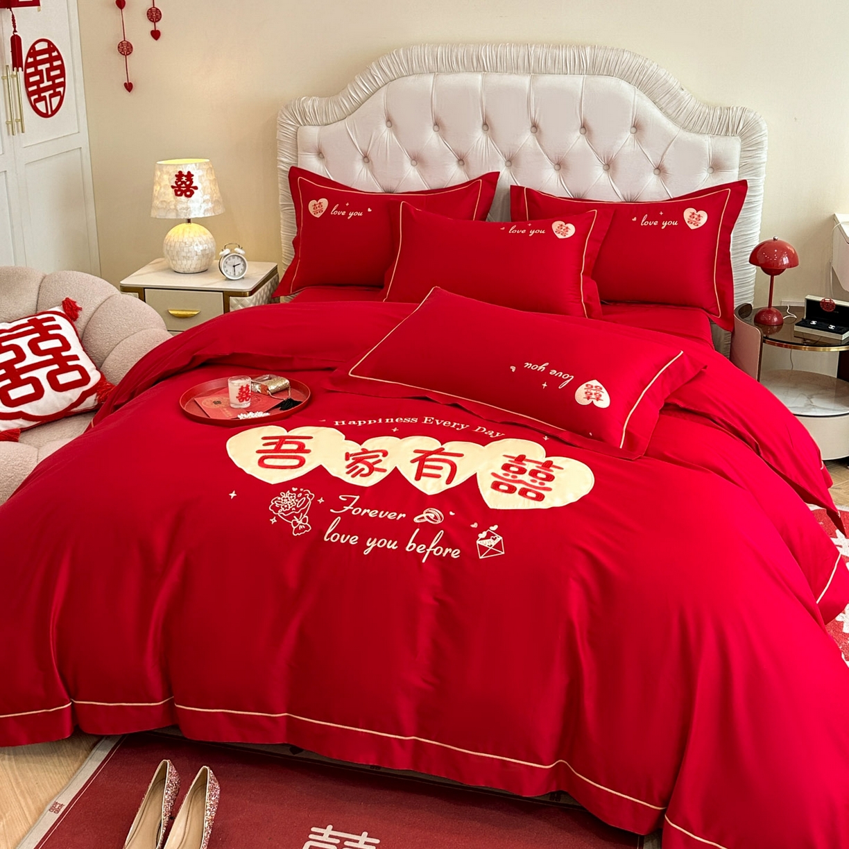 91家纺网 家纺一手货源 找家纺 金麦家纺 2025新款亲肤磨毛刺绣婚庆四件套 吾家有喜