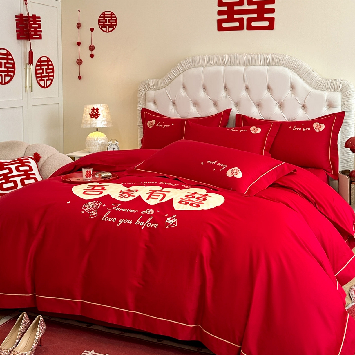 91家纺网 家纺一手货源 找家纺 金麦家纺 2025新款亲肤磨毛刺绣婚庆四件套 吾家有喜