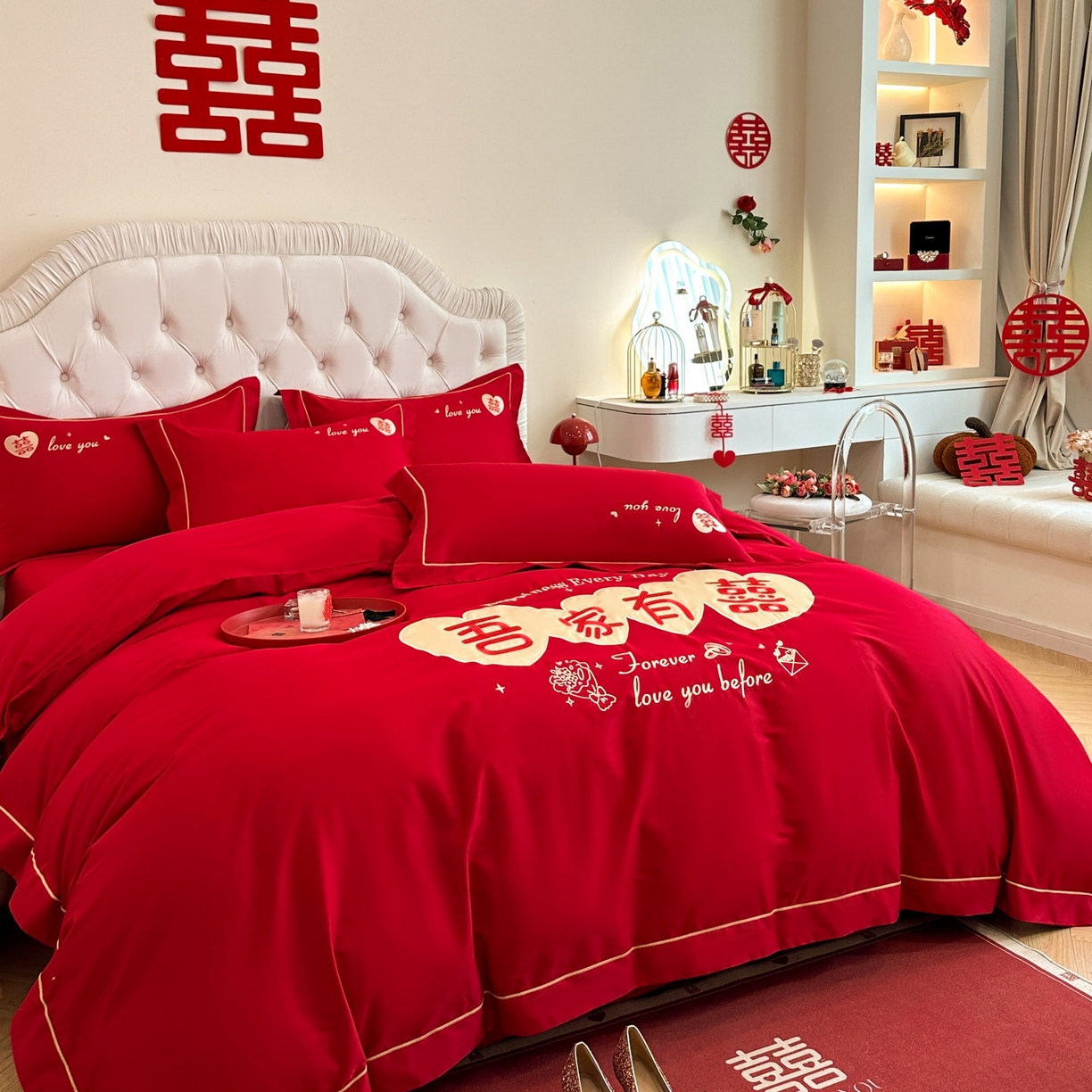 91家纺网 家纺一手货源 找家纺 金麦家纺 2025新款亲肤磨毛刺绣婚庆四件套 吾家有喜