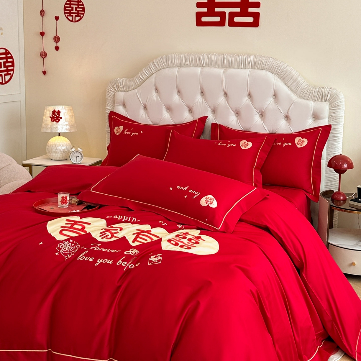 91家纺网 家纺一手货源 找家纺 金麦家纺 2025新款亲肤磨毛刺绣婚庆四件套 吾家有喜