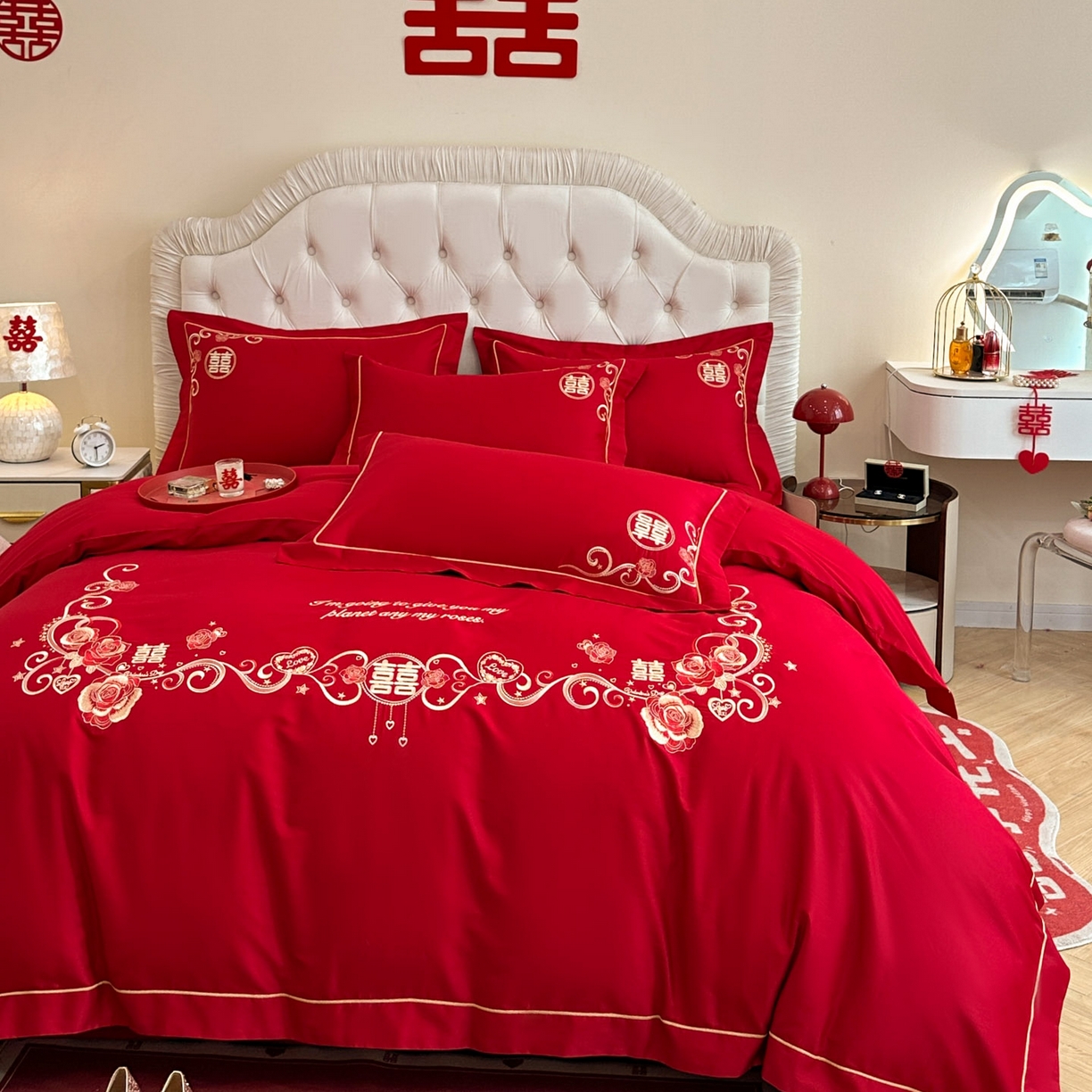 91家纺网 家纺一手货源 找家纺 金麦家纺 2025新款亲肤磨毛刺绣婚庆四件套 喜爱