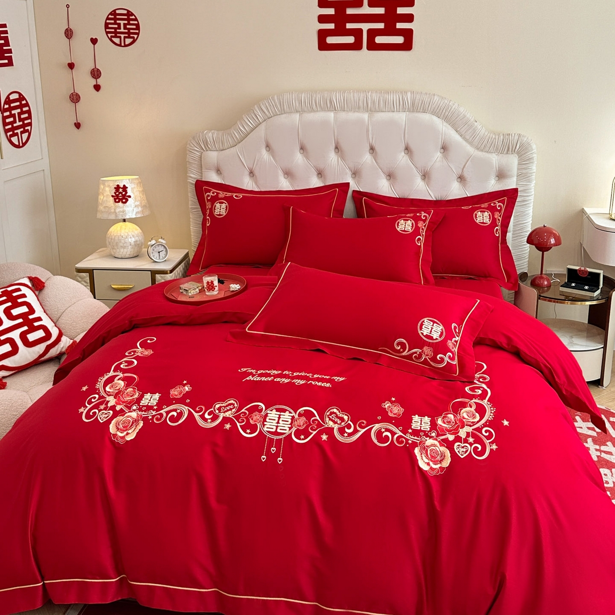 91家纺网 家纺一手货源 找家纺 金麦家纺 2025新款亲肤磨毛刺绣婚庆四件套 喜爱