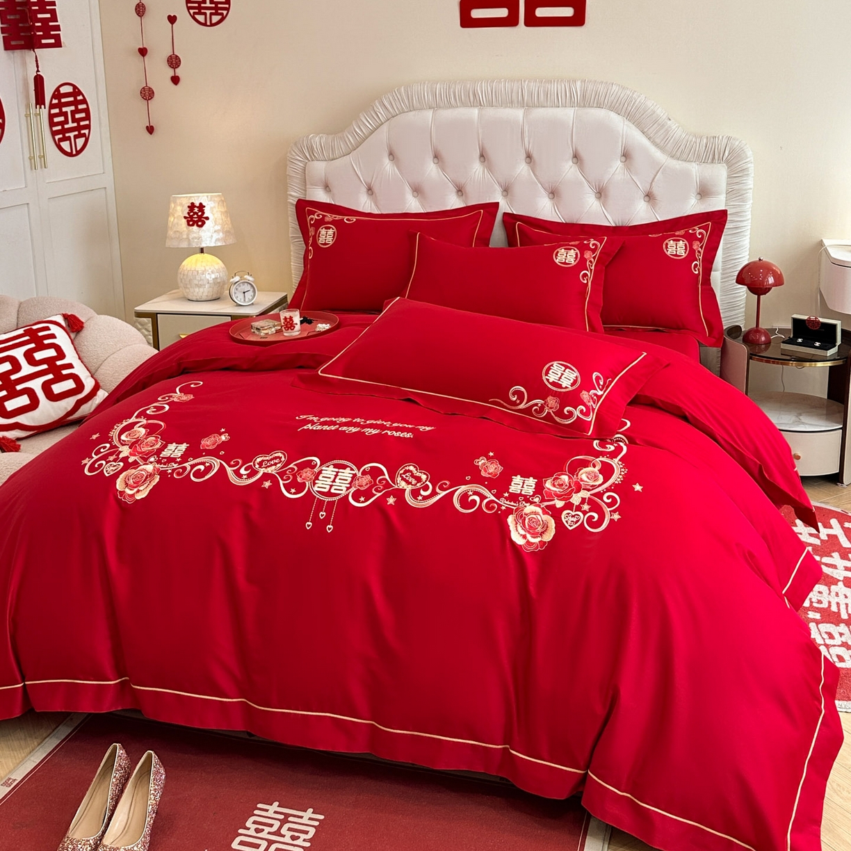 91家纺网 家纺一手货源 找家纺 金麦家纺 2025新款亲肤磨毛刺绣婚庆四件套 喜爱