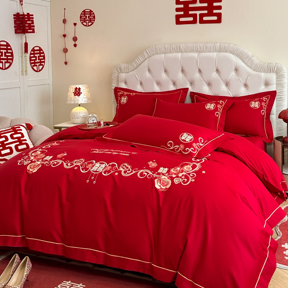 91家纺网 家纺一手货源 找家纺 金麦家纺 2025新款亲肤磨毛刺绣婚庆四件套 喜爱