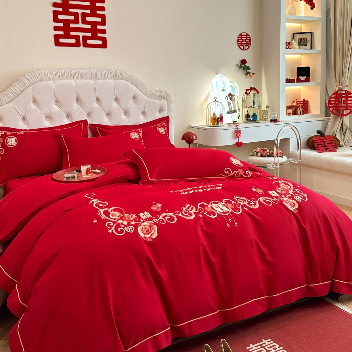 91家纺网 家纺一手货源 找家纺 金麦家纺 2025新款亲肤磨毛刺绣婚庆四件套 喜爱