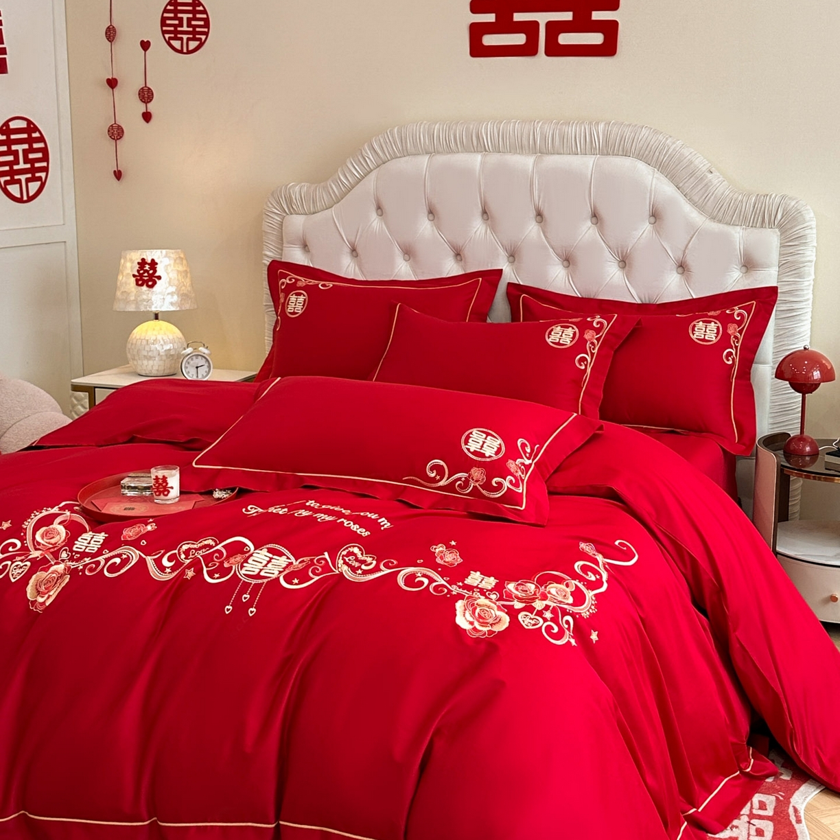 91家纺网 家纺一手货源 找家纺 金麦家纺 2025新款亲肤磨毛刺绣婚庆四件套 喜爱