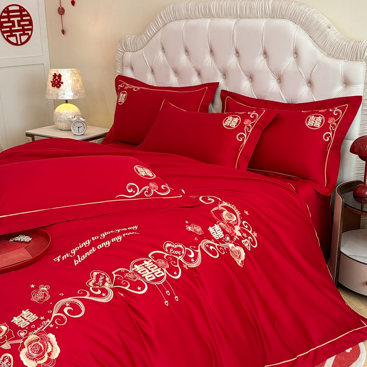 91家纺网 家纺一手货源 找家纺 金麦家纺 2025新款亲肤磨毛刺绣婚庆四件套 喜爱