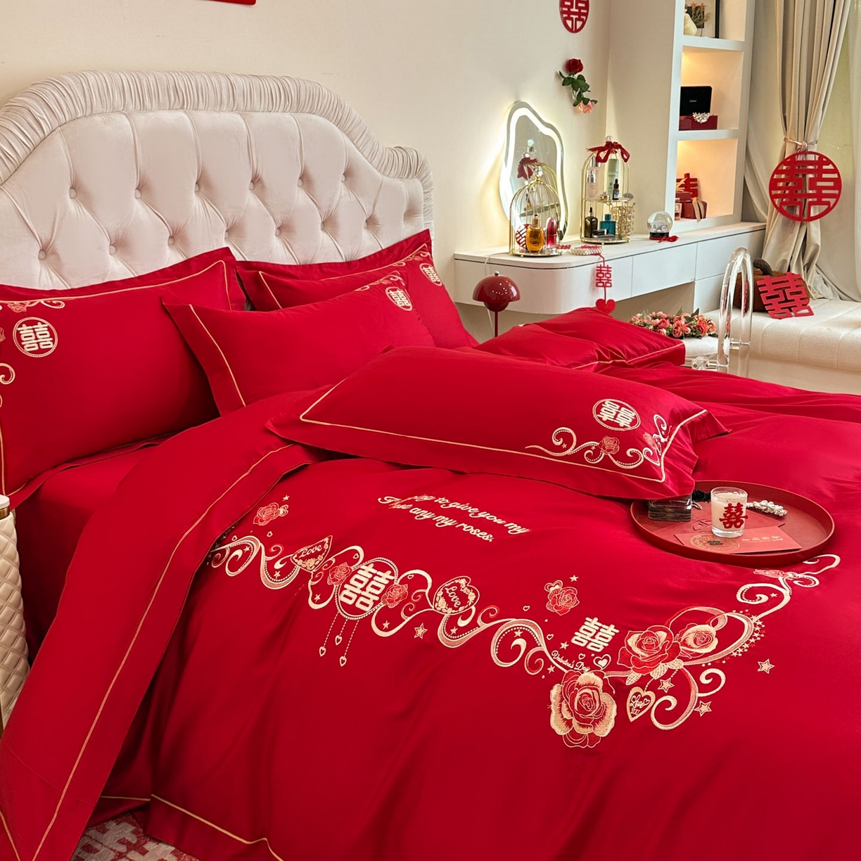 91家纺网 家纺一手货源 找家纺 金麦家纺 2025新款亲肤磨毛刺绣婚庆四件套 喜爱