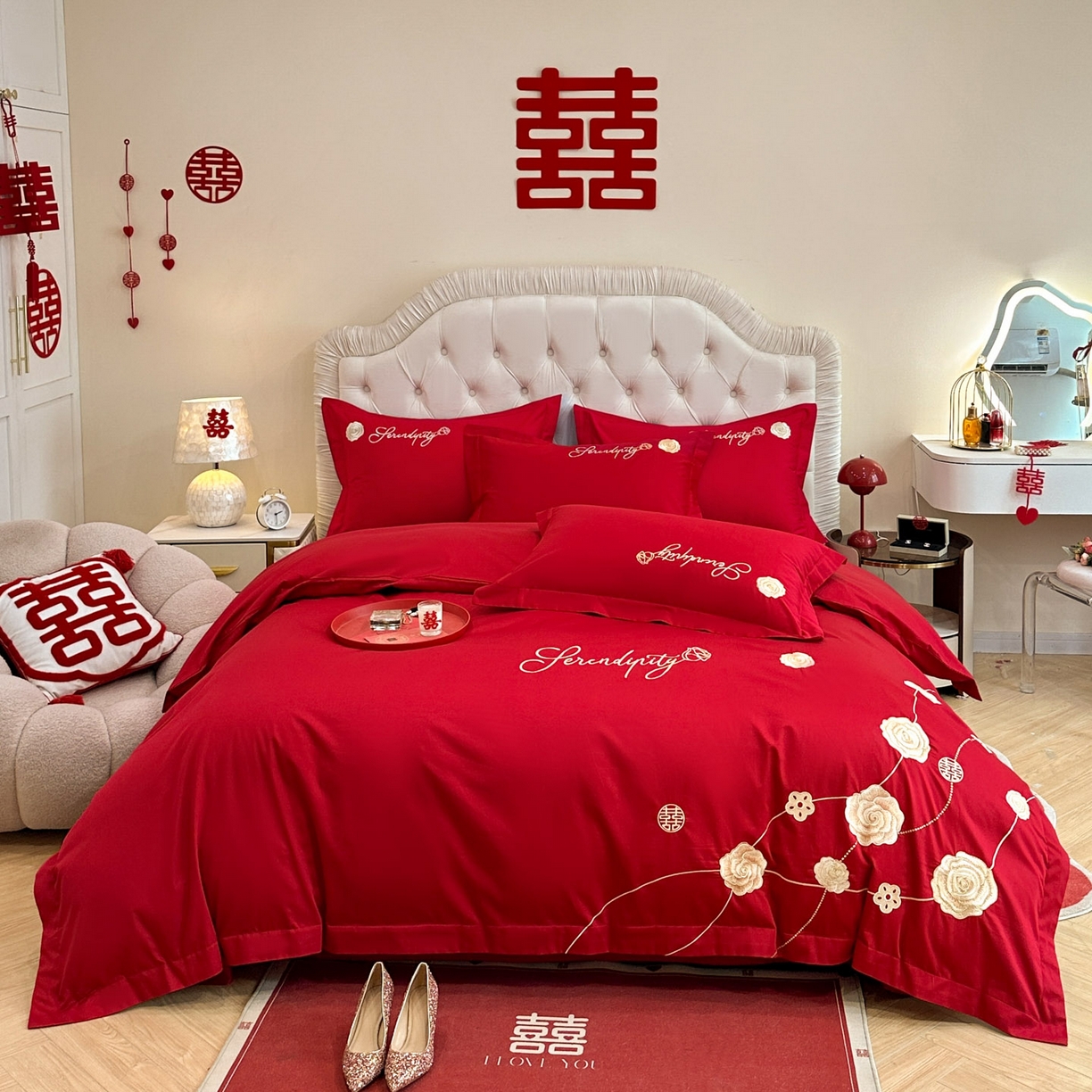 金麦家纺 2025新款亲肤磨毛刺绣婚庆四件套 玫瑰有约