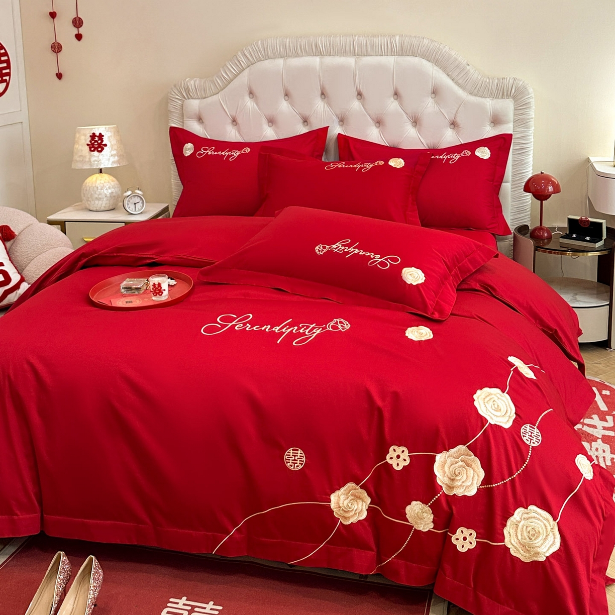 91家纺网 家纺一手货源 找家纺 金麦家纺 2025新款亲肤磨毛刺绣婚庆四件套 玫瑰有约